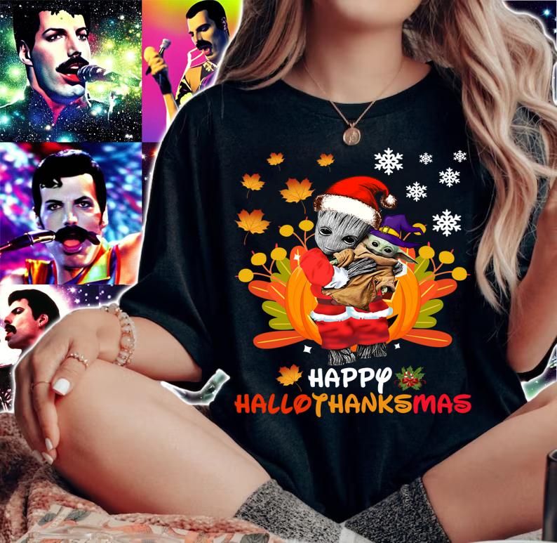 Baby Groot Hug Baby Yoda Happy Halloween Thanksgiving Christmas t-shirt woman shirt