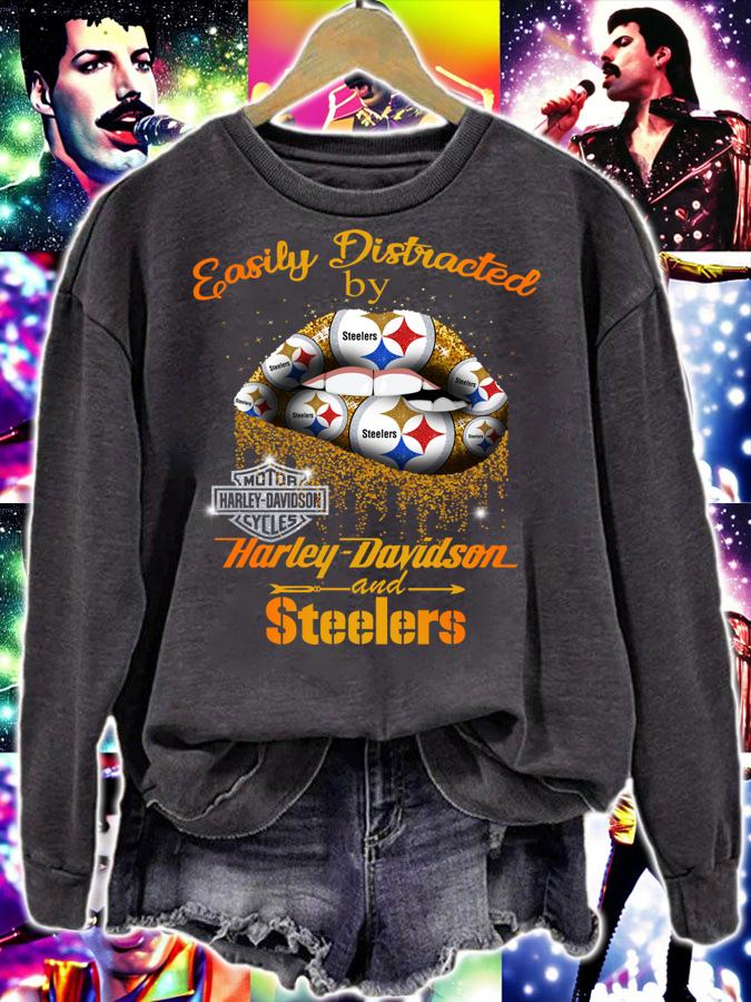 Lip easily distracted by Harley-Davidson and Pittsburgh Steelers t-shirt sweatshirt