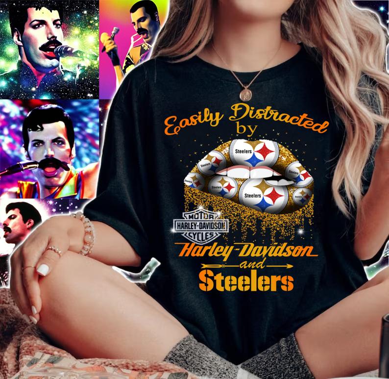 Lip easily distracted by Harley-Davidson and Pittsburgh Steelers t-shirt woman shirt