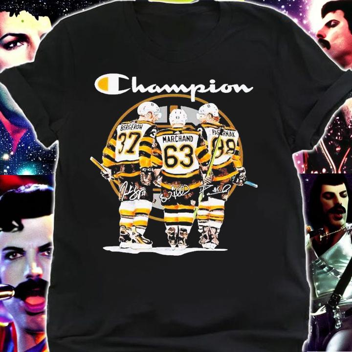 Champion Patrice Bergeron Brad Marchand David Pastrk signatures shirt t-shirt shirt