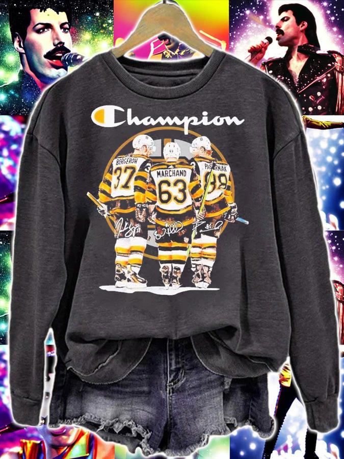 Champion Patrice Bergeron Brad Marchand David Pastrk signatures shirt t-shirt sweatshirt