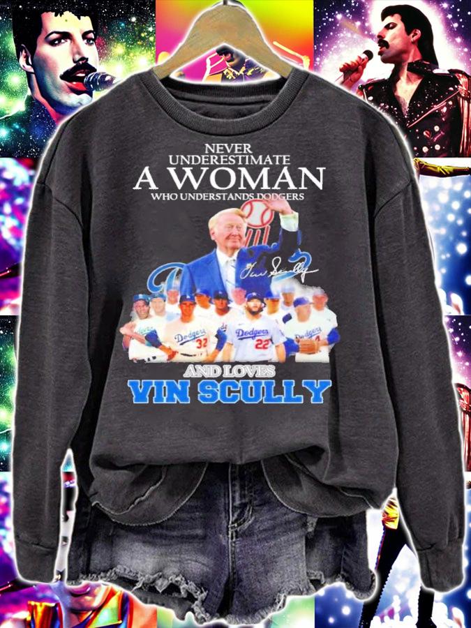 Never Underestimate A Woman Who Understands Dodgers And Loves Vin Scully Signature Shirt t-shirt