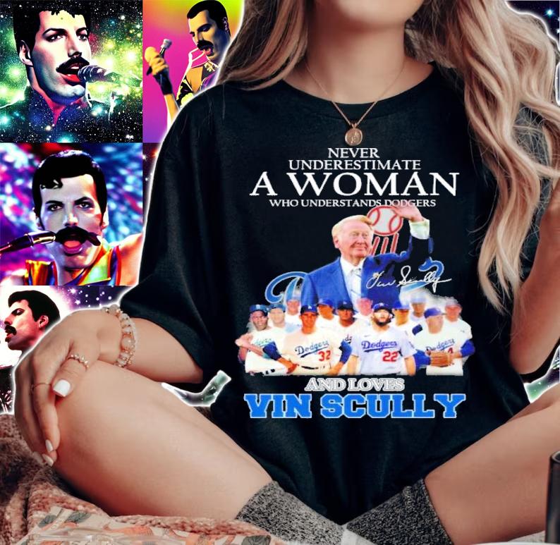Never Underestimate A Woman Who Understands Dodgers And Loves Vin Scully Signature Shirt t-shirt