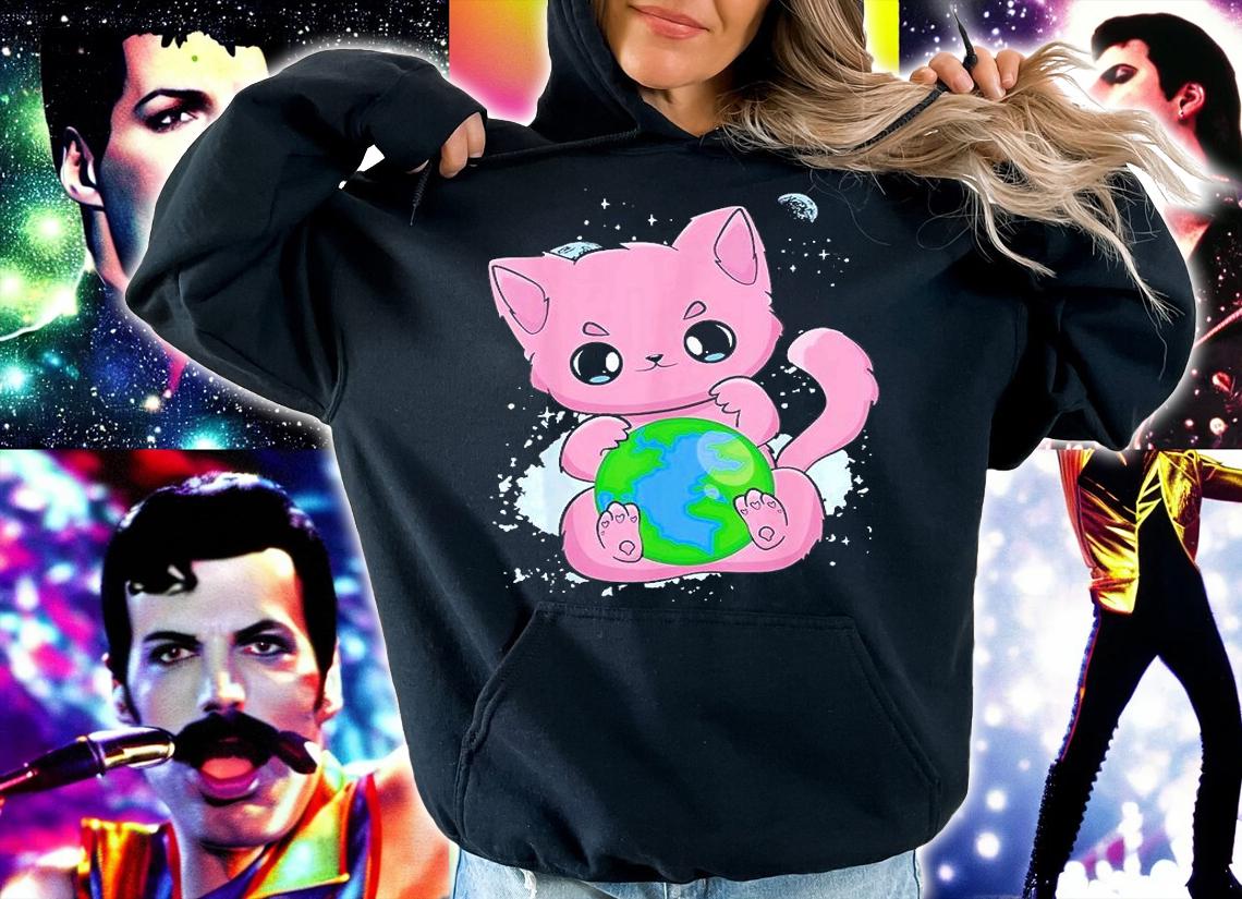 Black Cat Earth Day Globe Anime Neko Kitten T-Shirt t-shirt hoodie