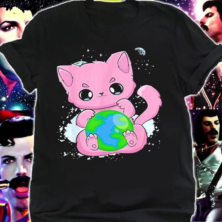 Black Cat Earth Day Globe Anime Neko Kitten T-Shirt t-shirt shirt