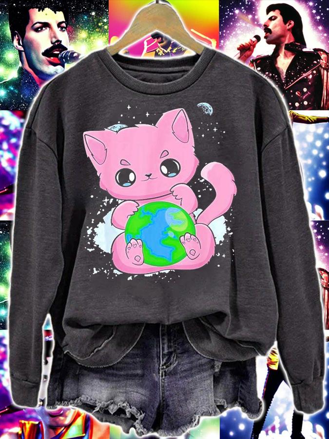 Black Cat Earth Day Globe Anime Neko Kitten T-Shirt t-shirt sweatshirt