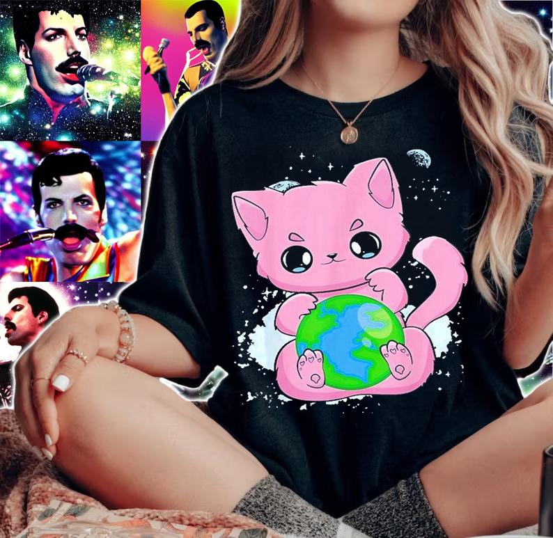 Black Cat Earth Day Globe Anime Neko Kitten T-Shirt t-shirt woman shirt