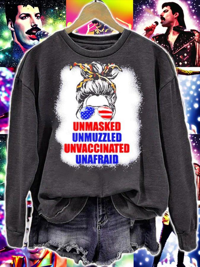 Womens Unmasked Unmuzzled Unvaccinated Unafraid Messy Bun Mom Gifts T-Shirt t-shirt sweatshirt