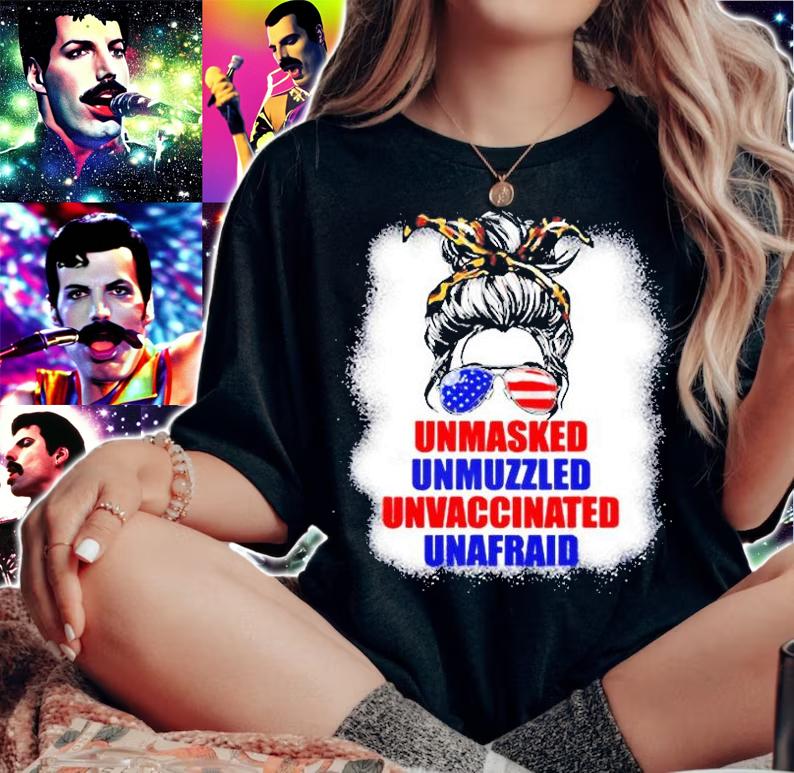 Womens Unmasked Unmuzzled Unvaccinated Unafraid Messy Bun Mom Gifts T-Shirt t-shirt woman shirt