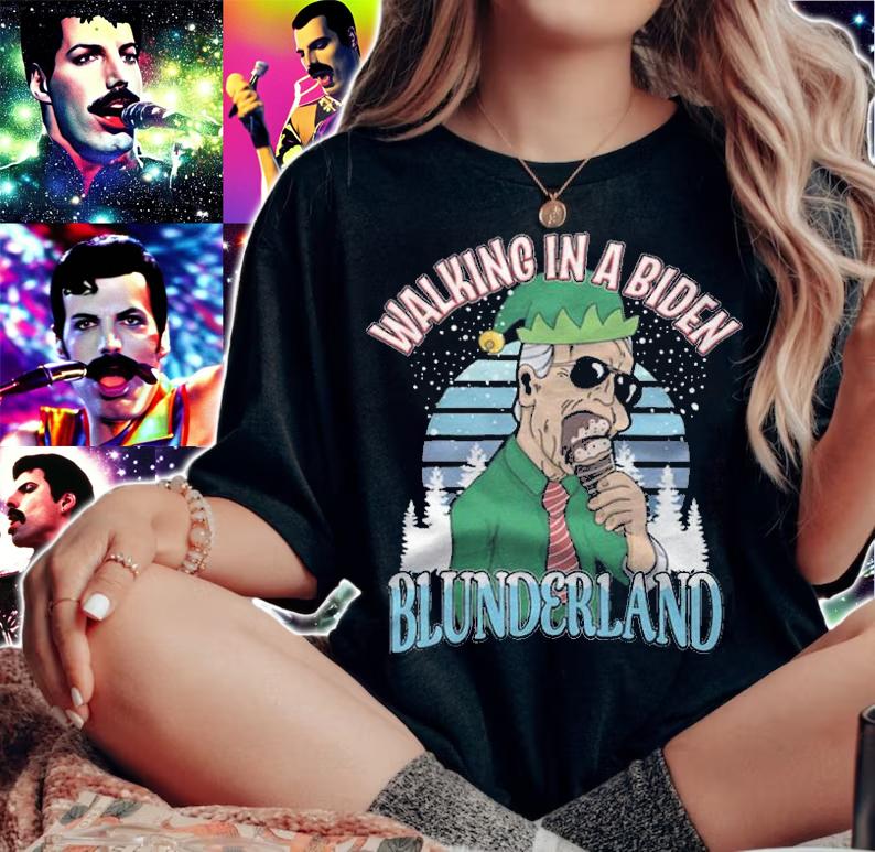 Premium walking In A Biden Blunderland Anti Joe Biden Elf Christmas T-Shirt t-shirt