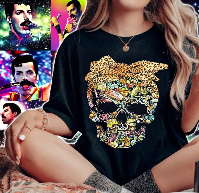 Hippie Skull Leopard Bandana T-Shirt woman shirt