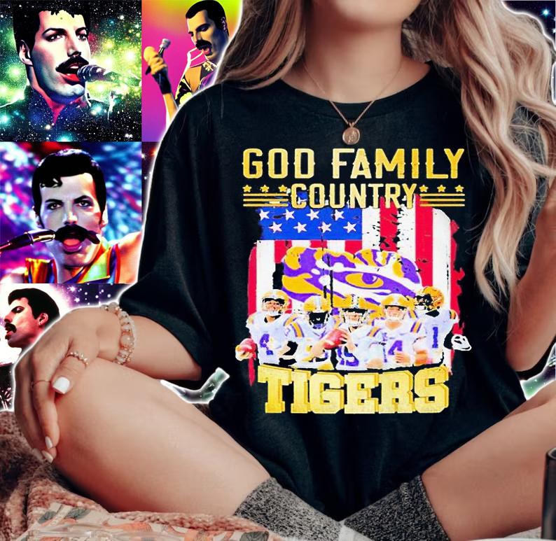 God family country LSU Tigers American flag T-shirt woman shirt