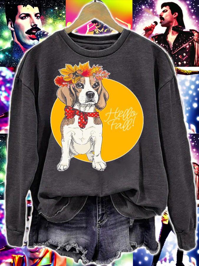 Beagle dog wearing autumn leaves crown Hello Fall shirt sweatshirt