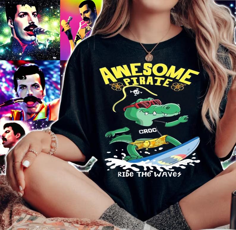 Dinosaur Awesome pirate ride the wave shirt woman shirt