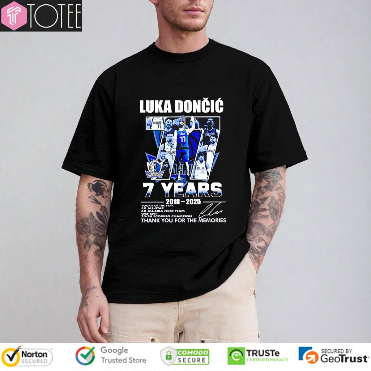 Dallas Mavericks 77 Luka Doncic 7 Years 2018-2025 Signature t-shirt